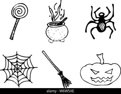 Halloween doodle auf weißem Hintergrund. Cartoon mit schwarz Halloween doodle Elemente. Struktursymbol Sammlung. Handskizze Magi gezeichnet Stock Vektor