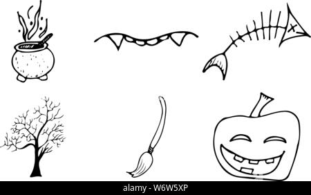 Halloween doodle auf weißem Hintergrund. Cartoon mit schwarz Halloween doodle Elemente. Struktursymbol Sammlung. Handskizze Magi gezeichnet Stock Vektor