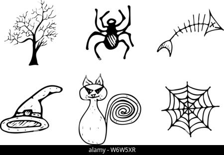 Halloween doodle auf weißem Hintergrund. Cartoon mit schwarz Halloween doodle Elemente. Struktursymbol Sammlung. Handskizze Magi gezeichnet Stock Vektor