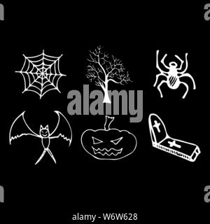 Halloween doodle auf schwarzen Hintergrund isoliert. Cartoon mit schwarz Halloween doodle Elemente. Struktursymbol Sammlung. Handskizze Magi gezeichnet Stock Vektor