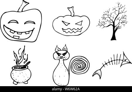 Halloween doodle auf weißem Hintergrund. Cartoon mit schwarz Halloween doodle Elemente. Struktursymbol Sammlung. Handskizze Magi gezeichnet Stock Vektor