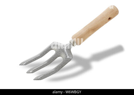 Ein Garten hand Gabel auf Weiß mit Schatten und Freistellungspfad isoliert Stockfoto