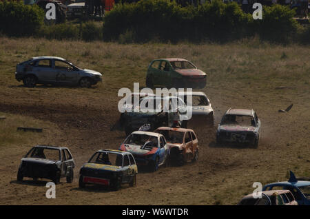 Autos Racing beim Golspie Banger Derby 2019, Scottish Highlands Stockfoto