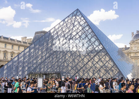 Louvre Paris overtourism - Masse der Touristen queuing das Louvre Museum am späten Nachmittag in Paris, Frankreich, nach Europa zu gelangen. Stockfoto