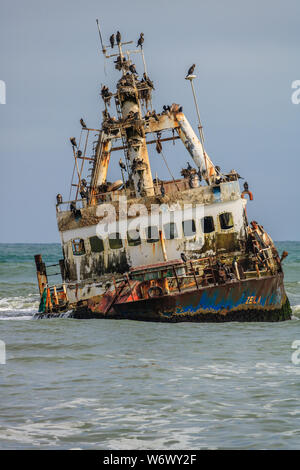 Eine von vielen rostigen Schiff (Zelia Indien) Rümpfe entlang der Skelettküste. Stockfoto