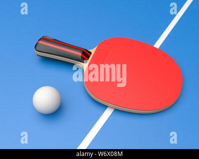 Red Tischtennis Schläger mit Ball. Auf blauem Hintergrund Stockfoto