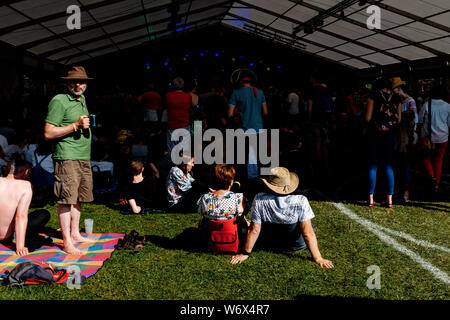 Cambridge, Großbritannien. 2. August 2019. Menschenmassen im Sonnenschein auf dem Cambridge Folk Festival. Richard Etteridge/Alamy leben Nachrichten Stockfoto