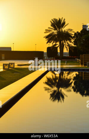 Sonnenuntergang über Pool mit Palmen am Sommer, der in Dubai, VAE. Stockfoto