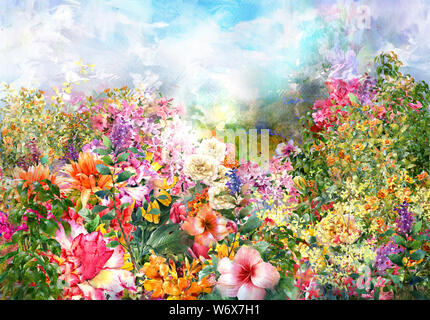 Abstrakte Aquarell Blumen. Bunte Frühlingsblumen Stockfoto