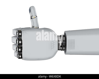 3D-Rendering cyborg Hand oder Roboterhand mit Daumen hoch auf Weiß isoliert Stockfoto