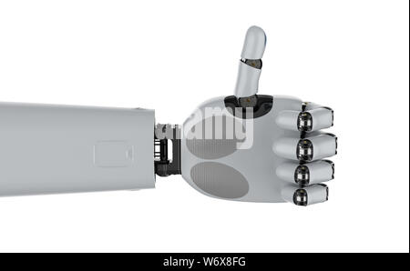 3D-Rendering cyborg Hand oder Roboterhand mit Daumen hoch auf Weiß isoliert Stockfoto