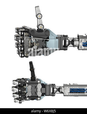 3D-Rendering cyborg Hand oder Roboterhand mit Daumen hoch auf Weiß isoliert Stockfoto