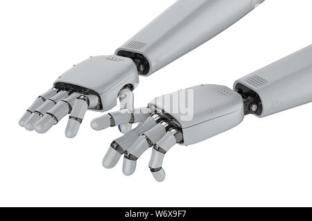 3D-Rendering cyborg Hand in die Tastatur oder Klavier spielen Geste isoliert auf weißem Stockfoto