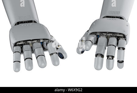 3D-Rendering cyborg Hand in die Tastatur oder Klavier spielen Geste isoliert auf weißem Stockfoto