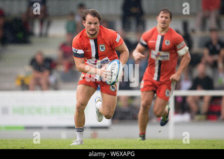 Heidelberg, Deutschland. 28. Juli 2019. Deutschen Meisterschaften in sieben Mann Rugby am 27. und 28. Juli 2019 in Heidelberg. Bastian Himmer (RG Heidelberg, mit Ball). Credit: Jürgen Kessler/Kessler-Sportfotografie/dpa/Alamy leben Nachrichten Stockfoto