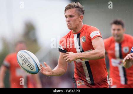 Heidelberg, Deutschland. 28. Juli 2019. Deutschen Meisterschaften in sieben Mann Rugby am 27. und 28. Juli 2019 in Heidelberg. Benedikt Spiess (RG Heidelberg). Credit: Jürgen Kessler/Kessler-Sportfotografie/dpa/Alamy leben Nachrichten Stockfoto