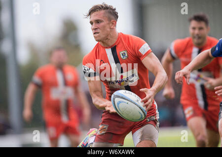 Heidelberg, Deutschland. 28. Juli 2019. Deutschen Meisterschaften in sieben Mann Rugby am 27. und 28. Juli 2019 in Heidelberg. Benedikt Spiess (RG Heidelberg). Credit: Jürgen Kessler/Kessler-Sportfotografie/dpa/Alamy leben Nachrichten Stockfoto