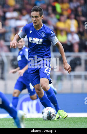 Karlsruhe, Deutschland. 03 Aug, 2019. Single Action, Dirk Carlson (KSC). GES/Fußball/2. Bundesliga: Karlsruher SC - Dynamo Dresden, 03.08.2019 Fußball: 2. Bundesliga: KSC vs Dynamo Dresden, Karlsruhe, August 3, 2019 | Verwendung der weltweiten Kredit: dpa/Alamy leben Nachrichten Stockfoto