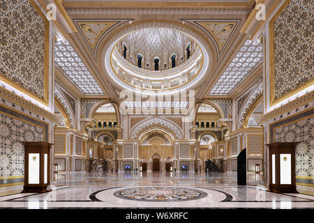 Qasr Al Watan [Palast der Nation] Abu Dhabi - Blick über die Große Halle vom Haupteingang Stockfoto