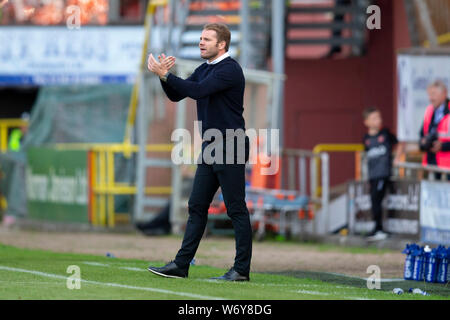 3. Aug. 2019, Tannadice Park, Dundee, Schottland, Ladbrokes Meisterschaft Fußball, Dundee United gegen Inverness Caledonian Thistle; Dundee United manager Robbie Neilson Stockfoto