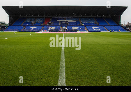 BIRKENHEAD, ENGLAND 3. August Tranmere Rovers' home Boden Prenton Park während der Sky Bet Liga 1 Übereinstimmung zwischen den Tranmere Rovers und Rochdale in Prenton Park, Birkenhead am Samstag, den 3. August 2019. (Credit: Ian Charles | MI Nachrichten) Credit: MI Nachrichten & Sport/Alamy leben Nachrichten Stockfoto