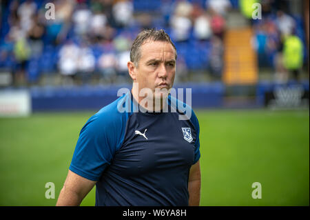 BIRKENHEAD, ENGLAND 3. August Tranmere Rovers' Manager Mickey Mellon während der Sky Bet Liga 1 Übereinstimmung zwischen den Tranmere Rovers und Rochdale in Prenton Park, Birkenhead am Samstag, den 3. August 2019. (Credit: Ian Charles | MI Nachrichten) Credit: MI Nachrichten & Sport/Alamy leben Nachrichten Stockfoto