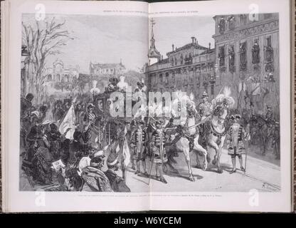 COMITIVA REAL DE LA BODA DE Alfonso XII CON MARIA DE LAS MERCEDES EL 23 DE ENERO DE 1878 - ILUSTRACION ESPAÑOLA Y AMERICANA - 30/1/1878. Autor: FERRANT ALEJANDRO. Lage: SENADO - BIBLIOTECA - coleccion. Spanien. ALFONSO XII VON SPANIEN. MARIA DE LAS MERCEDES. ORLEANS Y BORBÓN MARIA DE LAS MERCEDES. SOBRINA ISABEL II. Stockfoto