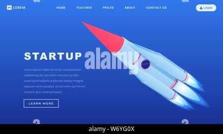 Startups Investitionen isometrische Landing Page Template. 3d rocketship, Shuttle fliegen im Raum, das Business Launch Metapher. Crowdfunding für innovative Projekte website design Layout Stock Vektor