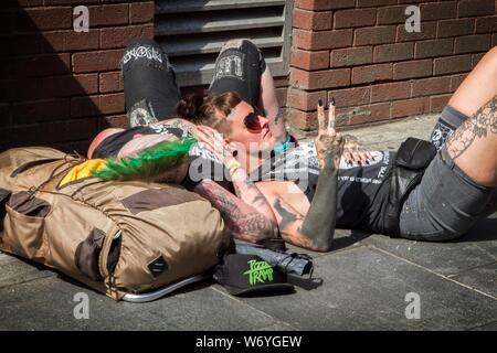 Blackpool, Lancashire, UK. 3. August 2019. Die fabelhafte Punk Rebellion Festival zurück in den Winter Gardens in Blackpool für ein Wochenende live Punk Rock Musik. Die Rebellion Festival, früher Urlaub in der Sonne und die VERGEUDETEN Festival ist ein britischer Punk Rock Festival 1996 zum ersten Mal statt. Diese offen für alle Veranstaltung zieht Tausende von Besuchern aus Übersee alle ihre Lieblings punk Musiker an einem Ort zu sehen. Credit: cernan Elias/Alamy leben Nachrichten Stockfoto