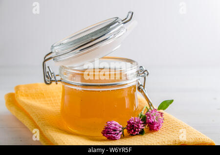 Frische Honig in einem Glas und Blumen Klee auf weißem Hintergrund Stockfoto