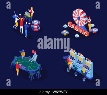 Casino Spiele isometrischer Vektorgrafiken. Männliche und weibliche Spieler Poker Spielen, Blackjack Card Games isoliert 3D cliparts Pack. Glücksspiel Geschäft, fesselndes Entertainment Stock Vektor