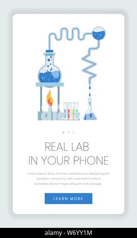 Online Labor mobile Webseite vektor Vorlage. Laborgeräte für chemische Reaktionen auf den Bildschirm des Smartphones. Moderne Technologie für Tests, wissenschaftliche Experimente mobile Anwendung Förderung Stock Vektor