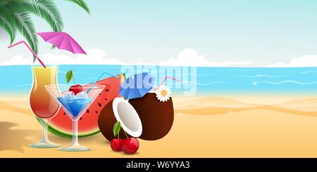 Im Sommer Essen, Getränke flachbild Vector Illustration. Süßes Obst Desserts, Wassermelone Slice und Kirschen. Sommer Cocktails, Pina Colada, Wermut in der professionellen Bar Gläser am Sandstrand Stock Vektor