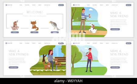 Pet-Tierheim Landing Pages. Neuen Freund zu machen, finden Sie Hunde- Begleiter Motto, einen Slogan für verlassene Tiere Mitte kümmern. Freiwillige Rettung verloren, Welpen, Katzen, exotische Vögel website design Layout Stock Vektor