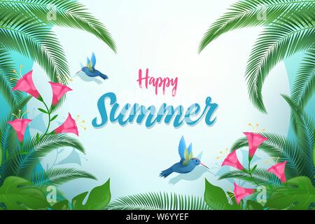 Exotische Sommer Vektor banner Vorlage. Happy Sommer Kalligraphie mit dekorativen Palmenblättern, tropischen Pflanzen und Vögel. Winzigen Kolibris sipping Blumen Nektar Postkarte design Layout Stock Vektor