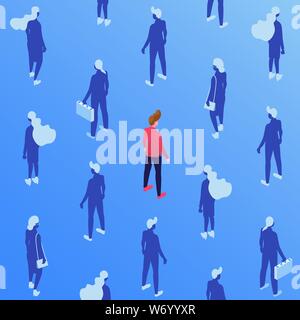 Corporate Mitarbeiter, Manager isometrische nahtlose Muster. Männliche und weibliche Beschäftigte, Unternehmer und Unternehmerinnen auf blauem Hintergrund. Büroangestellte Silhouetten Hintergrund, Wallpaper Design Stock Vektor