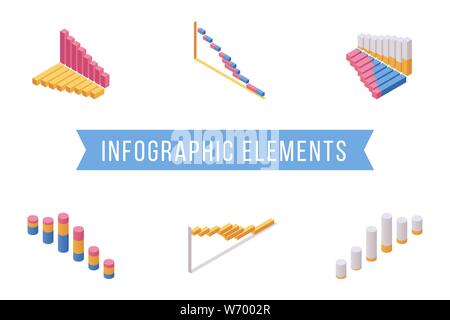 Balkendiagramm Elemente isometrische Abbildungen. Verschiedene multi level Histogramm Diagramme, Wirtschafts- Diagramm 3D Vector Icons Pack. Business Analyse, statistische Markt Analyse, Visualisierung von Informationen Stock Vektor