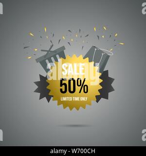 Shopping Verkauf, bonus Web Banner Vorlage. Speichert Giveaway, Geschenke und Geschenke für Kunden Werbekampagne. Halber Preis, Angebot Rabatt für Kunden goldenen Aufkleber, Etikett Stock Vektor