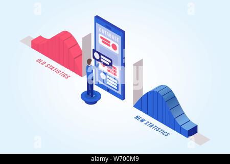 Mann Aktualisieren der Datenbank isometrische Vector Illustration. Geschäftsmann, Office Manager arbeiten mit Smartphone 3D Cartoon Charakter. Business Analytics, Börse Statistiken Analyse banner Vorlage Stock Vektor