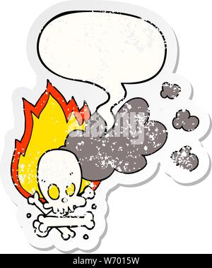 Cartoon spooky brennende Knochen mit Sprechblase distressed Distressed alte Aufkleber Stock Vektor