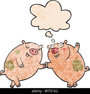 Cartoon Schweine tanzen mit dachte Blase im grunge Textur Stil Stock Vektor