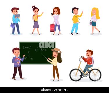 Schüler und Lehrer Illustrationen. Schoolkids, Studenten mit Rucksäcken, Schüler Musik hören, Reiten, Fahrradverleih flachbild Vektor Zeichen pack. Moderne Schule Kinder, Schülerinnen und Tutor Stock Vektor