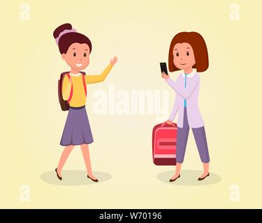 Schulmädchen, Abbildung in die Schule. Schulkind mit Rucksack Hand winken, Schüler mit Rucksack und mit Smartphone cartoon Zeichen gesetzt. Klassenkameraden, Freundinnen isoliert Clipart Stock Vektor