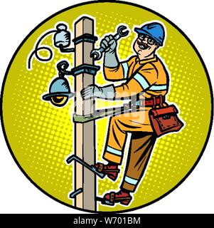 Elektriker auf dem Strommast. Pop Art retro Vektor illustration Zeichnung Stock Vektor