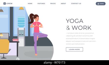 Yoga Flachbild landing page Vektor Vorlage. Fit halten, entspannen, training Körper im Job website, Webseite. Frau Yoga am Arbeitsplatz, im Büro Übungen Zeichentrickfigur Stock Vektor