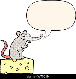 Cartoon Maus Auf Käse mit Sprechblasen im Comic Stil Stock Vektor