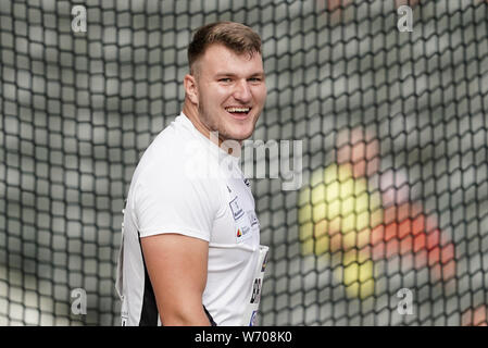 Berlin, Deutschland. 03 Aug, 2019. Leichtathletik: Deutsche Meisterschaften im Olympiastadion, Männer, Diskus, Torben Brandt. Quelle: Michael Kappeler/dpa/Alamy leben Nachrichten Stockfoto