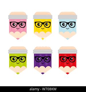 Zurück zu Schule. cute Cartoon Charaktere - Bleistift. Satz von kawaii Schule liefert. Kinder Vektor flachbild Abbildung: Bildung. Stock Vektor