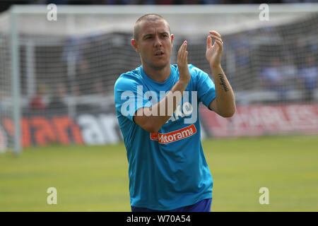 HARTLEPOOL, ENGLAND 3. August Liam Noble von Hartlepool United in Aktion während der Vanarama nationalen Liga Match zwischen Hartlepool United und Sutton United im Victoria Park, Hartlepool am Samstag, den 3. August 2019. (Credit: Mark Fletcher | MI Nachrichten) Stockfoto