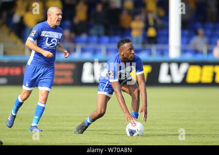 HARTLEPOOL, ENGLAND 3. August Nicke Kabamba und Liam Noble von Hartlepool United in Aktion während der Vanarama nationalen Liga Match zwischen Hartlepool United und Sutton United im Victoria Park, Hartlepool am Samstag, den 3. August 2019. (Credit: Mark Fletcher | MI Nachrichten) Stockfoto